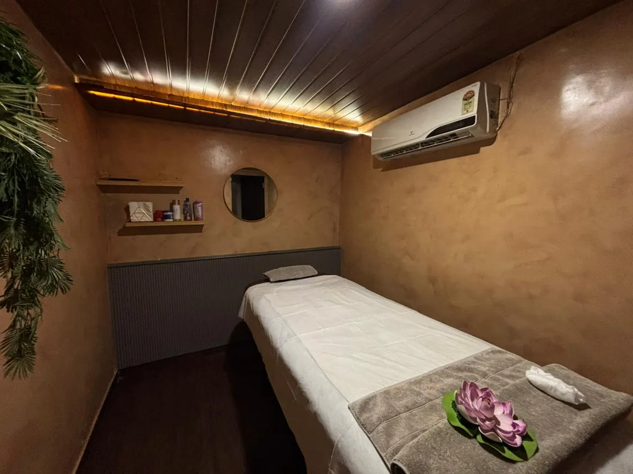 A Sector 7 treatment room with a round mirror and a trailing plant by the door