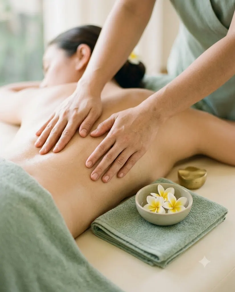 Warm-oil acupressure worked along the back, frangipani in a bowl alongside