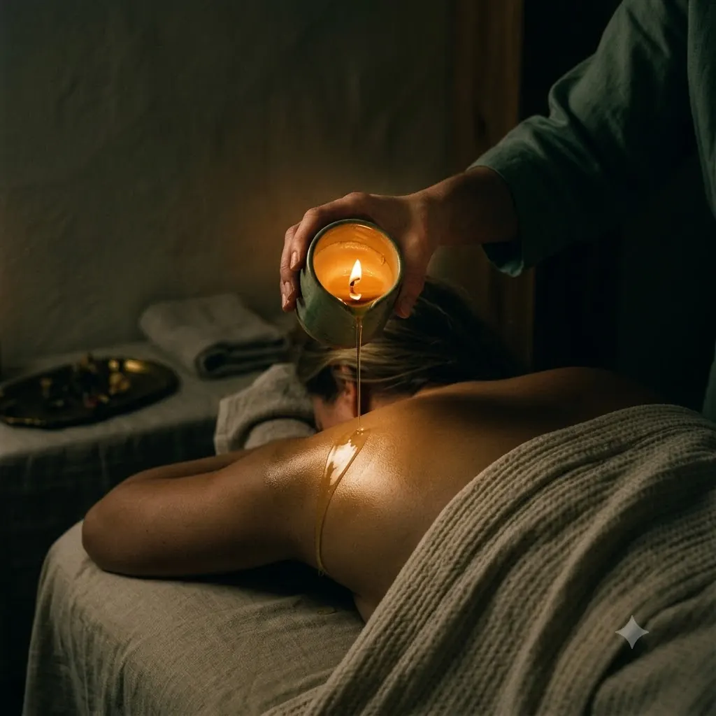 Warm massage-candle oil poured by hand along the back