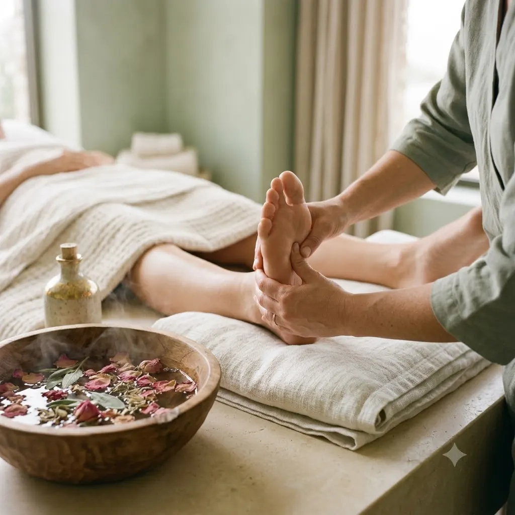 Pressure-point work across the sole, a bowl of petals steaming alongside