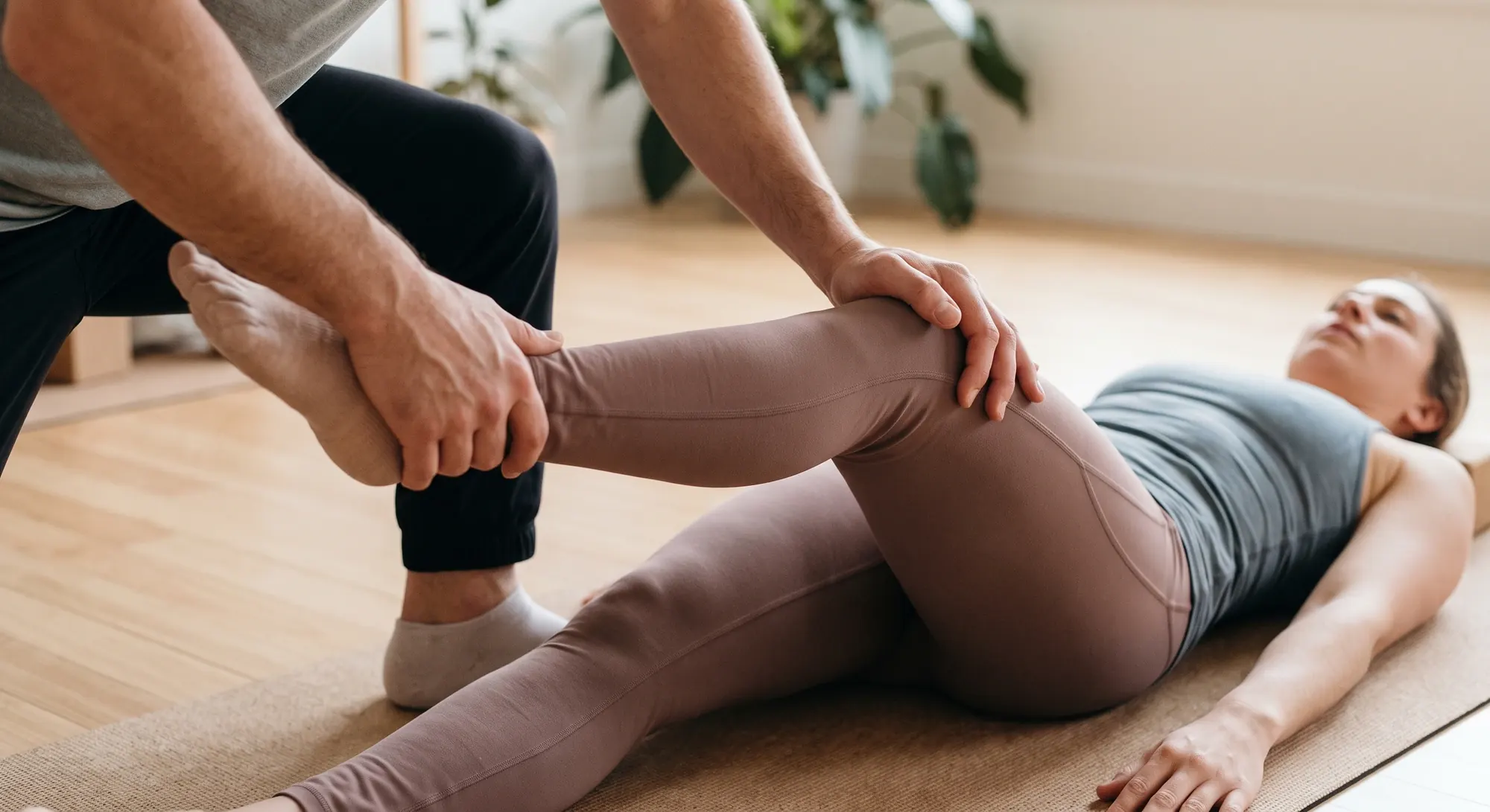 A therapist guiding an assisted leg stretch