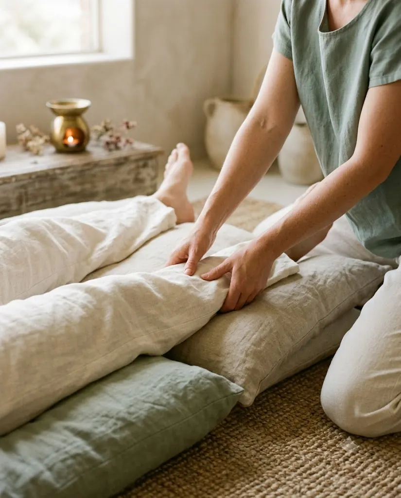 Assisted stretching worked on a floor mat among linen bolsters